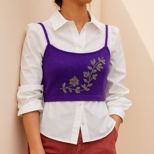 Zara Floral Beaded Purple Wool Blend Knit Crop Tank Women’s Size S
